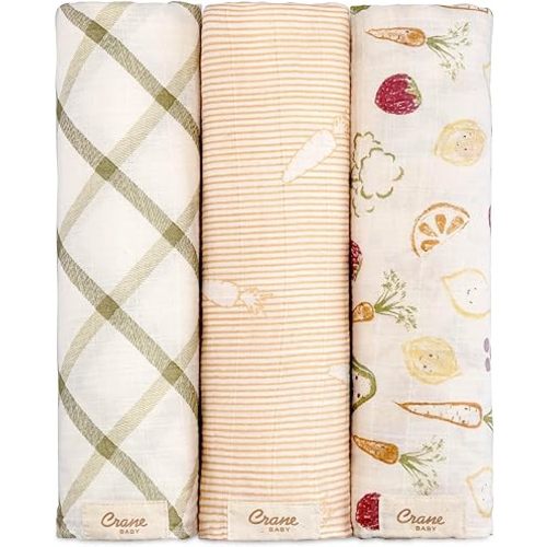 Crane Baby 100% Cotton Muslin Swaddle Blankets, Fruits & Veggie Print, Baby Swaddle Blanket, Set of 3, 47" x 47", Swaddles for Newborns, Baby Muslin Blankets, Versatile & Functional Baby Registry Item