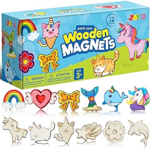JOYIN 12 pcs Fantasy Wooden Magnets, Kids Unicorn Painting Craft, Spring and Rainy Day Activities School Art Projects, Toys for Kids Aged 3+ Birthday Easter