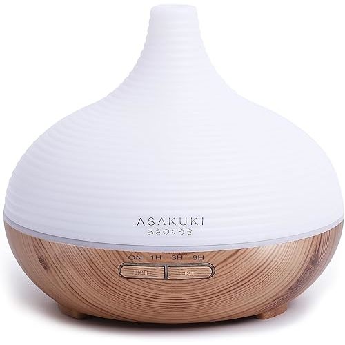 ASAKUKI 300ML Essential Oil Diffuser, Wood Grain BPA-Free Whisper Quiet Cool Mist Humidifier, Natural Home Fragrance Diffuser with 14 Colors LED Lights and Easy to Clean - Light Brown
