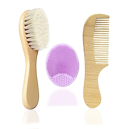 Molylove Baby Hair Brush with Wooden Handle and Comb Set for Newborns & Toddlers | Natural Soft Goat Bristles l Wood Comb l Purple Silicone Brush| Ideal for Cradle Cap (3 Piece)