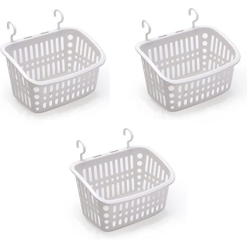 3PCS Plastic Hanging Baskets for Shower, Hanging Basket Organizer with Hooks, Rectangle 10.6Inches Small Hanging Storage Basket (Grey)