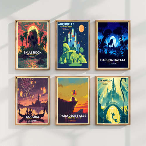 Disney Inspired National Park Poster Set | Arendelle, Skull Rock, Hakuna Matata, Corona & Paradise Falls Art Prints | Digital Download