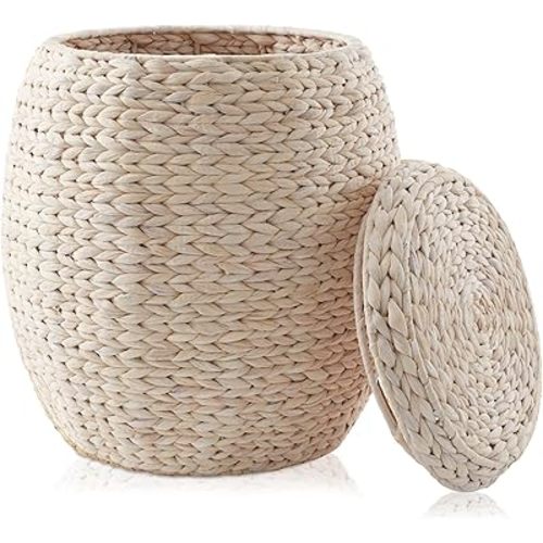 Casafield Round Storage Basket with Lid - Whitewash, Handwoven Water Hyacinth Organizer for Laundry, Blankets, Plants, Bedroom, Living Room, Home Office