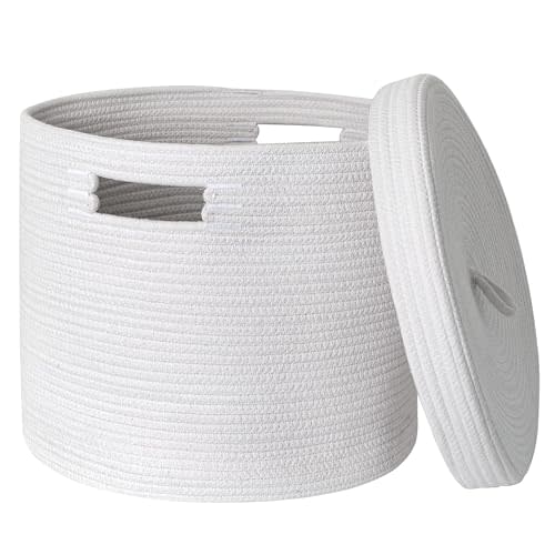 HONCESTA White Basket with Lid, 15” x 13” Woven Blanket Storage for Living Room, Cotton Rope Storage Basket for Toys Towels Shoes, Decorative Kids Toy Bin with Cover, Baby Laundry Basket Hamper