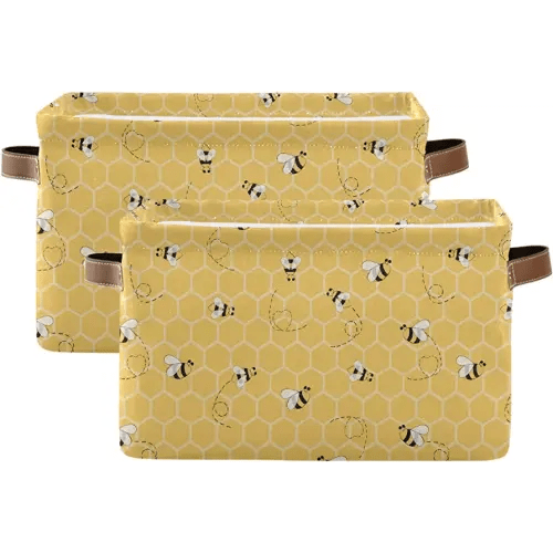 Storage Basket Cube Yellow Animal Bee Honey Comb Large Collapsible Toys Storage Box Bin Laundry Organizer for Closet Shelf Nursery Kids Bedroom,15x11x9.5 in,2 Pack