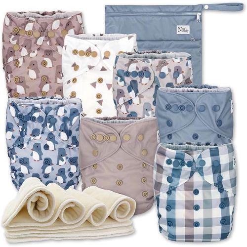 Nora's Nursery Cloth Diapers 7 Pack with 7 Inserts & 1 Wet Bag - Waterproof Cover, Washable, Reusable & One Size Adjustable Pocket Diapers for Newborns and Toddlers - Winter Waddle