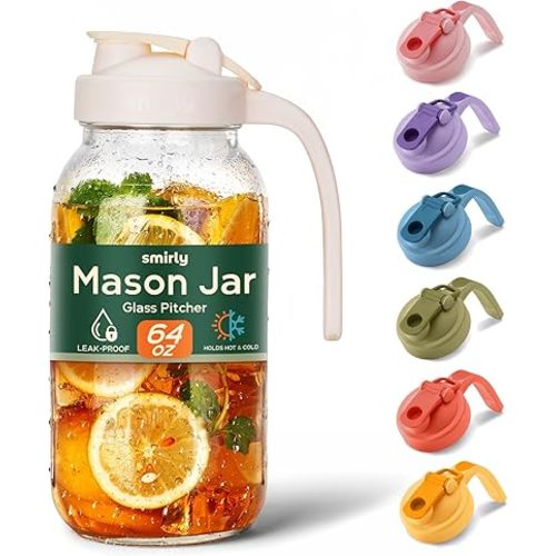 SMIRLY 64 oz Mason Jar Pitcher,Glass Pitcher with Wide Mouth,Water Jug with Double Leak Proof Lid for Iced Coffee,Hot Water,Breast Milk