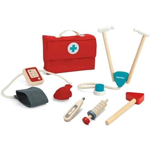 PlanToys Doctor Kit for Kids - Wooden and BPA-Free Pretend Play Toy Featuring 5 Medical Equipments and a Handy Doctor Case