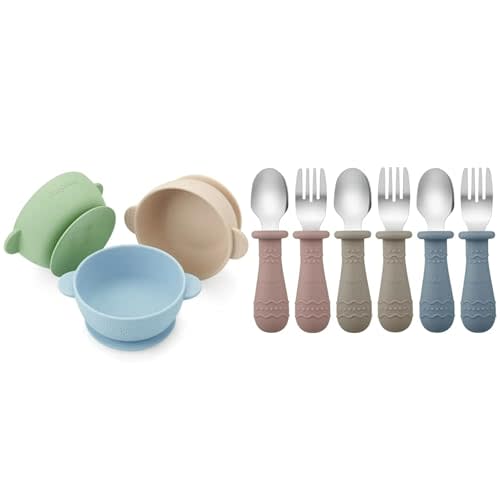 PandaEar 3 Pack Baby Bowls & Toddler Utensils (Blue/Brown/Red)