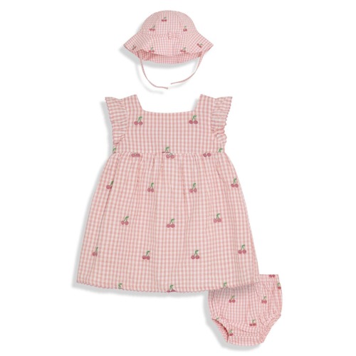 Cherry Embroidered Gingham Dress, Bloomers & Bucket Hat Set, 6-12M