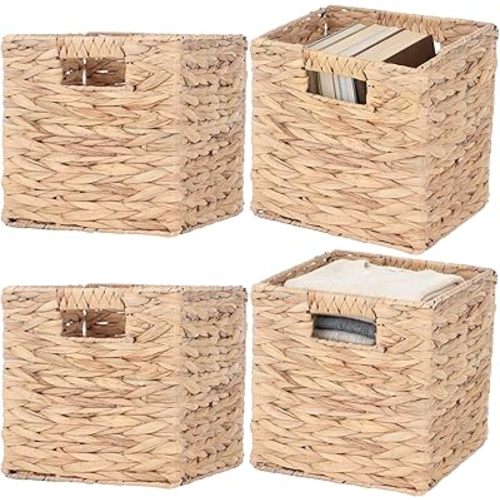 4 Pcs 9 Inch Wicker Cubes Storage Bins - Woven Water Hyacinth Storage Baskets, Foldable Bins with Handles, Collapsible Square Containers for Shelves, Closets, 8.7×8.7×8.7"