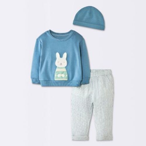 Baby Boys' 3pc Bunny Graphic Patch Sweatshirt and Gauze Pants with Beanie Set - Cloud Island™ Blue 6-9M