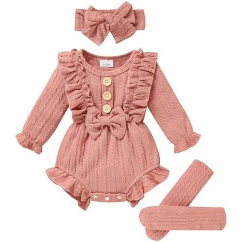 GRNSHTS Newborn Baby Girl Clothes Ruffle Solid Sweater Long Sleeve Romper+Hairband+Socks 3Pcs Fall Winter Outfits