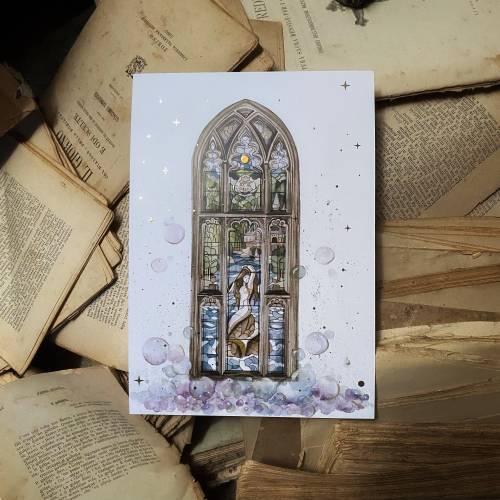 Wizard Magic World Print A5 Postcard - Stained glass window from Prefects' bathroom, Mermaid of the Black Lake magic school with gold