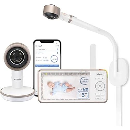 VTech V-Care 1080p FHD Over-The-Crib WiFi Smart Baby Monitor with 5" 720p HD LCD Screen. Remote Access, Intelligence Built-in, Sleep Analysis, Rollover & Face Cover Detection, 18 hrs. Recording