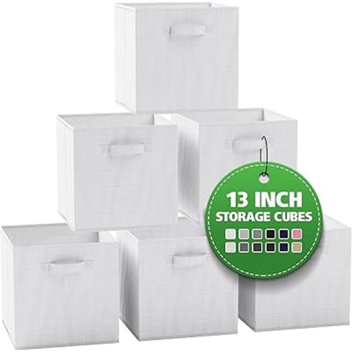 Fabric Storage Cubes - 6 Pack Heavy Duty Textured White-Grey Bins - 13 Inch Cube Organizer, Use As A Clothes Storage Box, Baskets For Shelves or Cubbies
