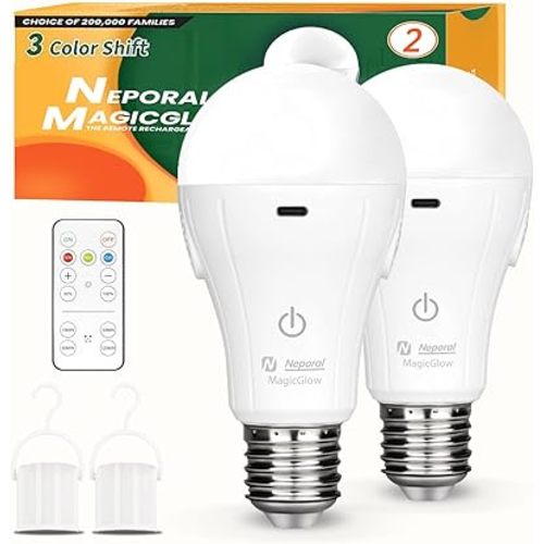 Neporal MagicGlow Rechargeable Light Bulbs with Remote, 3 Colors Shift + Dimmable Battery Powered Light Bulbs, USB Rechargeable, A19 Standard Emergency LED Light Bulbs, 15W, Up to 24 Hours, 2 Pack