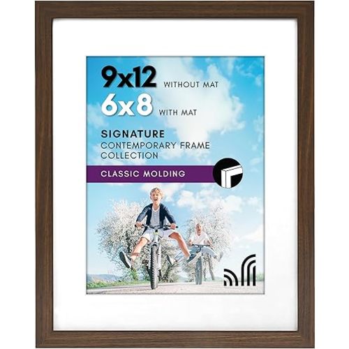 Americanflat 9x12 Picture Frame with Shatter-Resistant Glass - Use as 6x8 Frame with Mat or Display 9x12 Photo Without Mat - Signature Collection - Picture Frames for Tabletop and Wall - Walnut