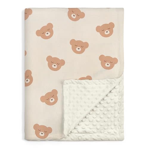 Bear Minky Baby Blanket 30 x 40 Inches for Boys Girls, Soft Plush Receiving Blanket with Dotted Back, Gift for Toddler Newborn Infant Christmas Birthday Baby Shower