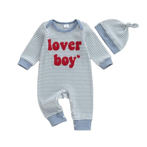 Lesimsam Newborn Infant Baby Boy Valentines Outfit Letter Embroidery Long Sleeve Waffle Knit Romper Jumpsuit with Hat
