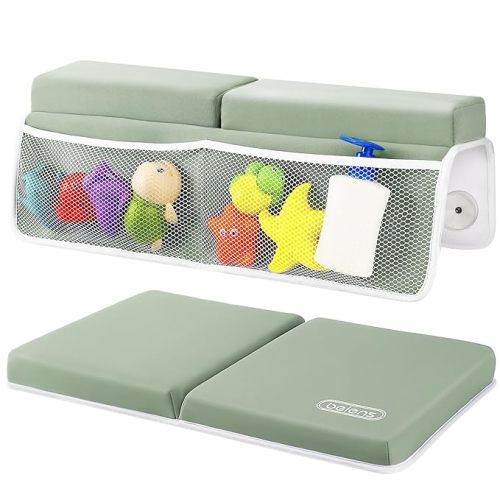 beiens Bath Kneeler and Elbow Rest Pad Set - 1.5'' Comfortable Thick Baby Bath Kneeler Pads, Quick Dry Kneeling Pad for Baby Bath Time, Non-Slip Knee & Arm Support Bathtub Mat with Toys Organizer - Grey Green