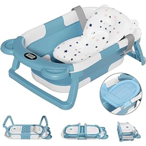 Collapsible Baby Bathtub for Newborn with Thermometer & 1 Soft Floating Cushion & 1 Bath Net,Portable Travel Bathtub with Drain Hole, Durable Foldable Baby Tubs for Infants to Toddler