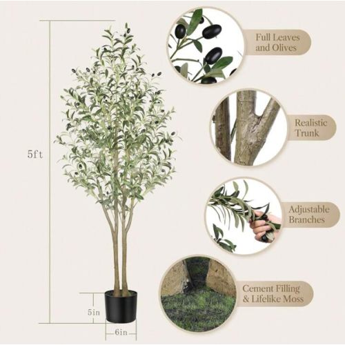 ALUPSSUC Artificial Olive Tree - 4-7FT Tall Faux Silk Plant With Natural Wood Trunk & Lifelike Fruits - Perfect For Modern Home, Office, Living Room Floor Decor