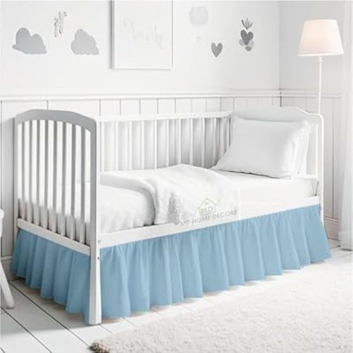 Crib Bed Skirt Dust Ruffle with Split Corners - 100% Cotton - Nursury Standard Crib Bedding Toddler Bedskirt for Baby Boys or Baby Girls - 14" Drop - Light Blue Crib Skirt