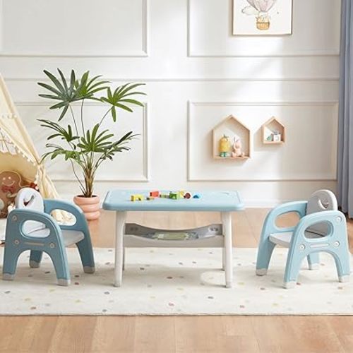 Kids Table and 2 Chairs Set, Large Built-in Storage, Montessori Toddlers Table and Chairs Set, Kids Activity Table for Drawing Dining Playing, CPSC & ASTM Approved, Blue