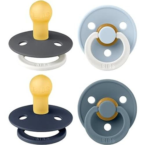 BIBS Colour Soother 4-Pack | BPA Free Dummy Pacifier | Round Nipple | Natural Rubber Latex | Made in Denmark | Size 0-6 Months | Petrol Glow Mix