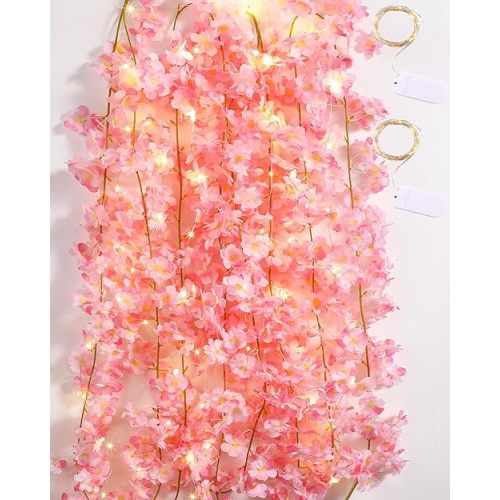 Jutom Cherry Blossom Flower Garland Artificial with String Light Hanging Silk Pink Flower Garland Vines for Bedroom Spring Home Wedding Party Kawaii Japanese Decor (4 Pcs)