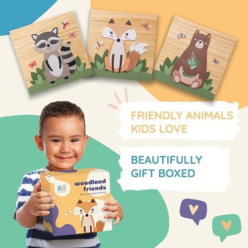 Natural Wood 3-D Wall Art Woodland Nursery Decor for Boys and Girls with Forest Animals Pictures Bear Racoon and Fox, Woodland Wall Decor for Nursery or Kids Bedroom, Baby Room Decor Gift