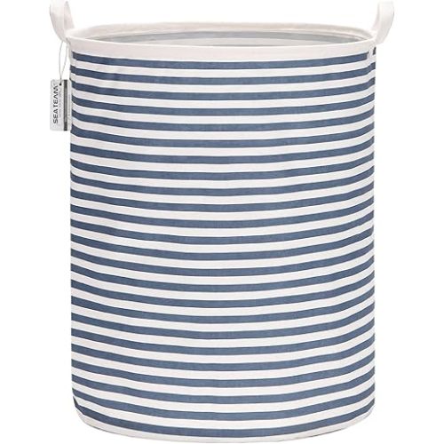 Sea Team 19.7 Inches Large Sized Waterproof Coating Ramie Cotton Fabric Folding Laundry Hamper Bucket Cylindric Burlap Canvas Storage Basket (19.7", Navy Blue & White Stripe)