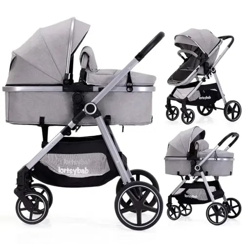 2-in-1 Baby Stroller with Bassinet Mode - Folding Infant Newborn Pram Stroller with Reversible Seat - Toddler Strollers for 0-36 Months Old Babies (Gery)