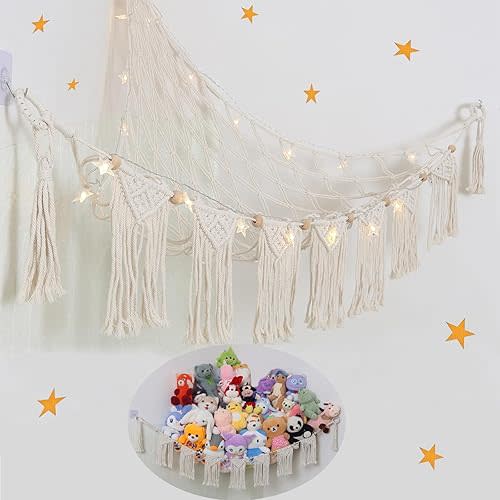 Large Stuffed Animal Hammock or Net, Macrame Boho Toy Hammock with LED Light, Decorate Net for Stuffed Animals Corner, Space Saving Hanging Stuff Animal Organizer Holder for Kids Bedroom Playroom