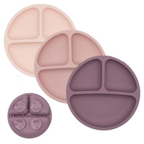 WeeSprout Suction Plates for Babies & Toddlers 100% Silicone Divided Design - With Lids, 3 Pack (Matte Dark Grey, Blue & Green)
