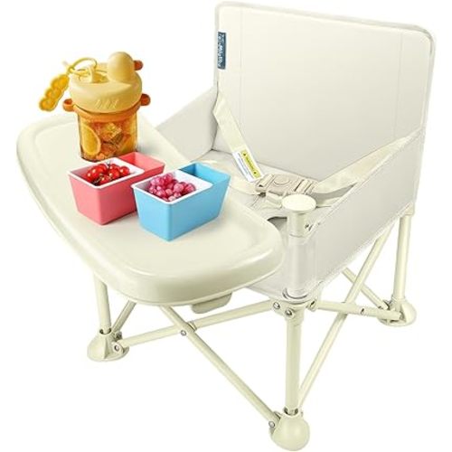 Q-MIULIKE Portable Booster Chair Floor Seat with Tray Foldable Infant Seat Booster Dining Chair Outdoor Indoor Suitable for Toddler 6 M - 3 Years Kids Camping Beach Lawn Chair (Khaki)