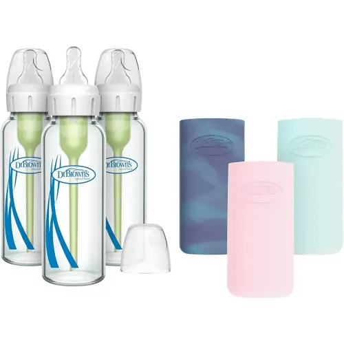 Dr. Brown's Natural Flow Anti-Colic Options+ Narrow Glass Baby Bottle, 8 oz/250 mL, with Silicone Bottle Sleeve, 3 Pack, Glow/Pink/Mint