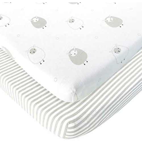 Travel Lite Crib Sheets Compatible with Graco Travel Lite Crib with Stages – Fits Perfectly on 20” x 30” Mattress Without Bunching Up – Snuggly Soft Jersey Cotton – Grey Sheep, Stripe – 2 Pack