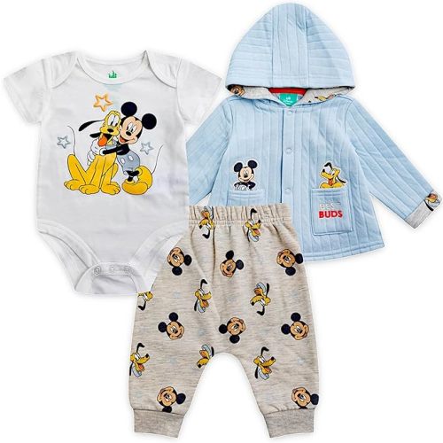 Disney Winnie the Pooh Baby Boys Pants Set with Bodysuit and Hooded Snap Quilted Jacket 3 Pack Set for Infant