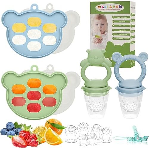 Baby Breastmilk Popsicle Molds & Baby Fruit Feeder (6 Pack), WAJIAYON Baby Food Freezer Tray Storage Containers, Silicone Teething Pacifier Feeder and Teether for Babies,Moss and Fawn Baby Feeder