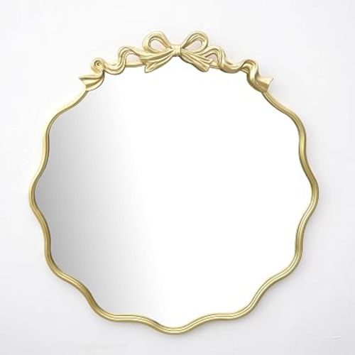 25.75Inch Decorative Gold Bow Metal Wall Mirror - Elegant Wavy Edge Accent Mirror for Bedroom, Bathroom, Entryway & Living Room Home Decor