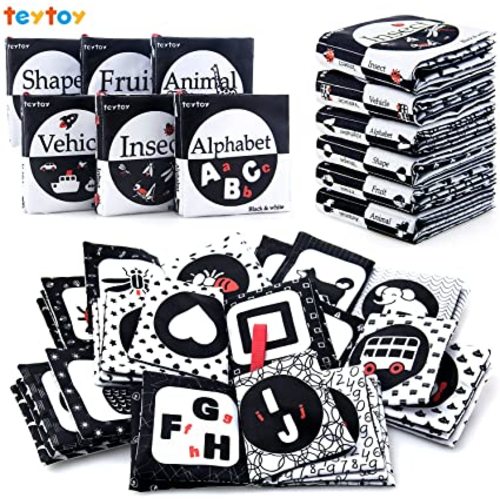 teytoy My First Soft Book, 6 PCS Nontoxic Fabric Cloth Activity Crinkle Black and White Books for Infants Boys and Girls Early Educational Toys Perfect for Baby Shower
