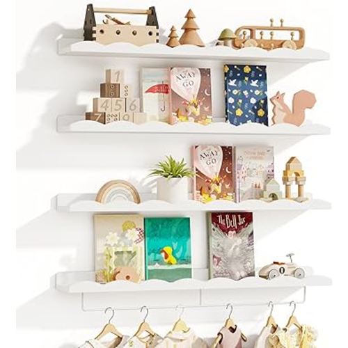Fixwal Nursery Shelves, 24 Inch Floating Bookshelves for Wall Set of 4, Scalloped Wall Book Shelves with Towel Rack for Kids, Toddler Room, Baby Room, Nursery Decor and Storage(White)