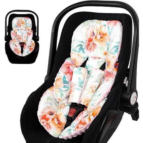 GFU Infant Car Seat Insert Head and Body Support, Reversible Newborn Insert for Carseat with Strap Pads, Soft Stroller Cushion Pillow Insert for Boys and Girls, Fits for Stroller, Swing, Flowers