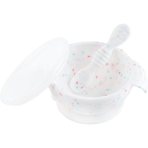 Bumkins Baby Bowls, Silicone Baby Feeding Set, Suction Bowls for Baby and Toddler with Spoon and Lid, First Feeding Set, Platinum Silicone Bowl for Babies 4 Months