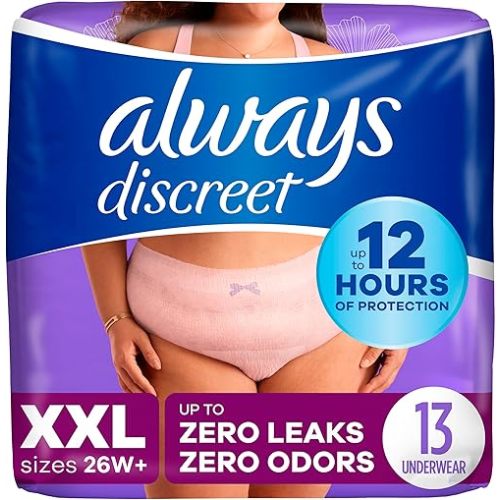 Always Discreet Adult Incontinence Underwear for Women and Postpartum Underwear, XXL, Up to 100% Bladder Leak Protection, 13 Count
