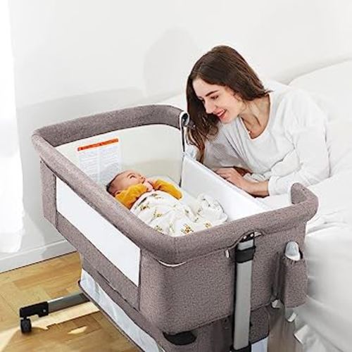 Ihoming Baby Bassinet Bedside Sleeper, Baby Bed Side Crib with Storage Basket, Easy Folding Bassinets, Adjustable Baby Bed for Infant Newborn, Khaki