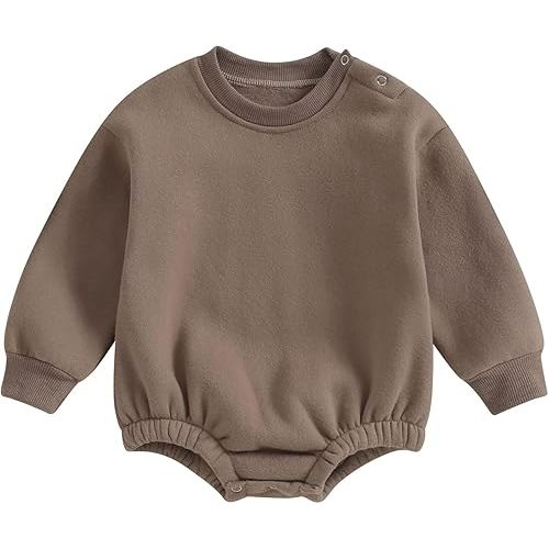 Gueuusu Newborn Warm Sweatshirt Romper Baby Boy Girl Solid Crewneck Long Sleeve Fleece Sweater Bodysuit Thick Winter Clothes