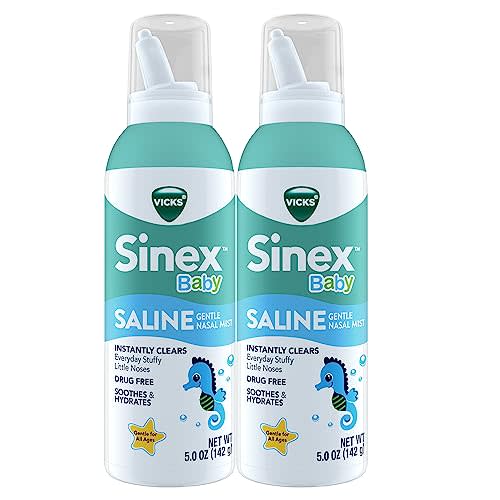 VICKS Sinex Baby Saline Nasal Spray, Drug Free Gentle Nasal Mist, Instantly Clears Everyday Stuffy Little Noses, Soothes & Hydrates, Safe For Daily Use, Gentle For All Ages, 5 OZ x 2
